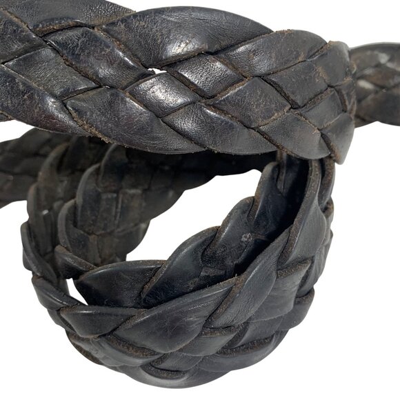 LUCKY BRAND Black Leather Braided Woven Belt Solid Brass Silver-Tone Buckle Mens - Picture 6 of 6